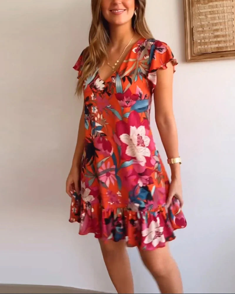 Vestido Floral Con Cuello en V y Volantes