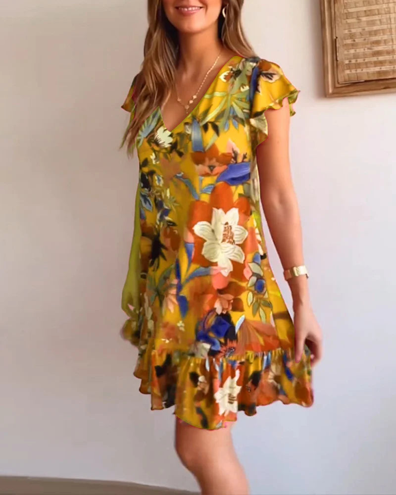 Vestido Floral Con Cuello en V y Volantes