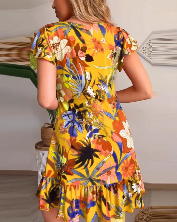 Vestido Floral Con Cuello en V y Volantes